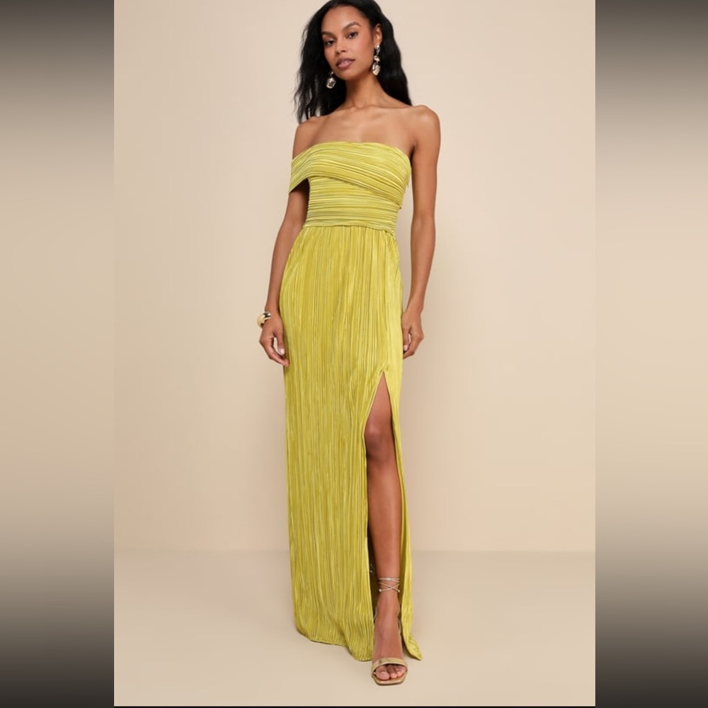 Poised performance chartreuse plisse one shoulder maxi dress